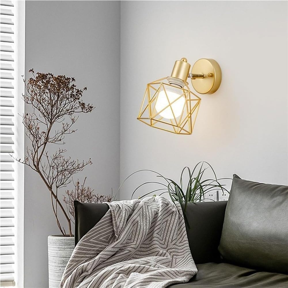 Farmhouse Wall Lamp with Iron Cage Shade E26/E27 Base for Bedroom Bedside Rustic Industrial Sconce Lighting Fixture Living Room Hallway(Gold)