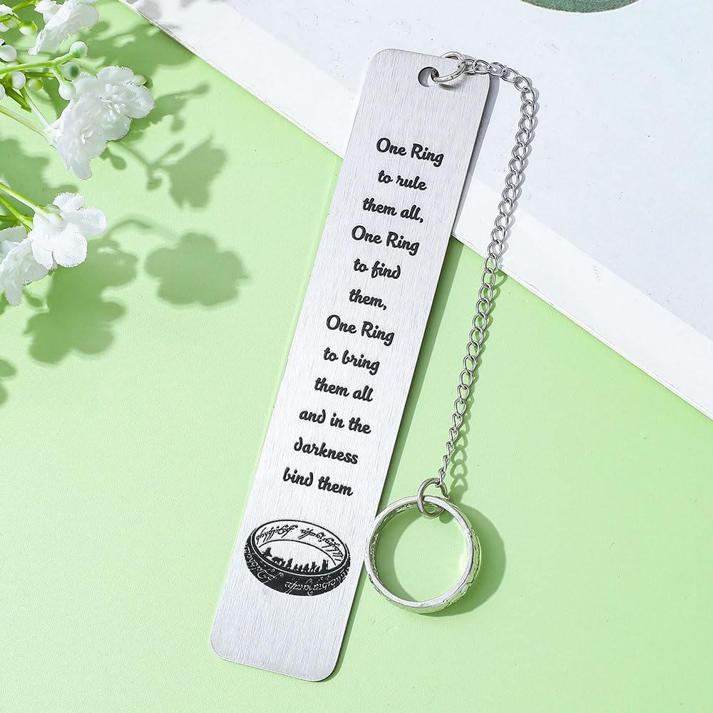 1Pc Fantasy Bookmark Gift Set - Metal Bookmarks with Elvish Leaf Pendant, Sword Charm & Evenstar Engraving, Epic Quotes Carved Jewelry for Book Lovers, Dark Academia Gifts for Readers (Magic Ring)