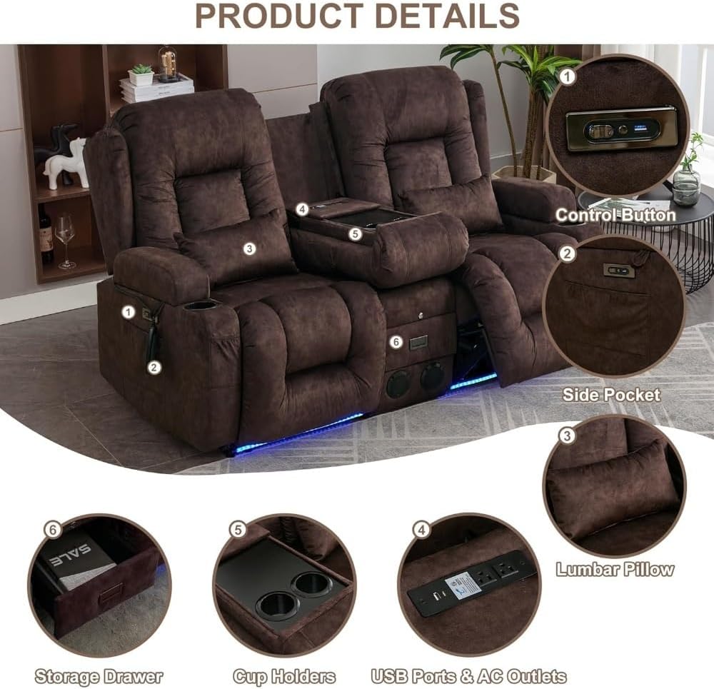 Adults Massage Recliner Chair, Leisure Home Theater Seating Sofa with Massage and Heated, Ergonomic Leisure Chair Classic Loveseat Sofa with LED Lights, Cup Holder, USB Ports