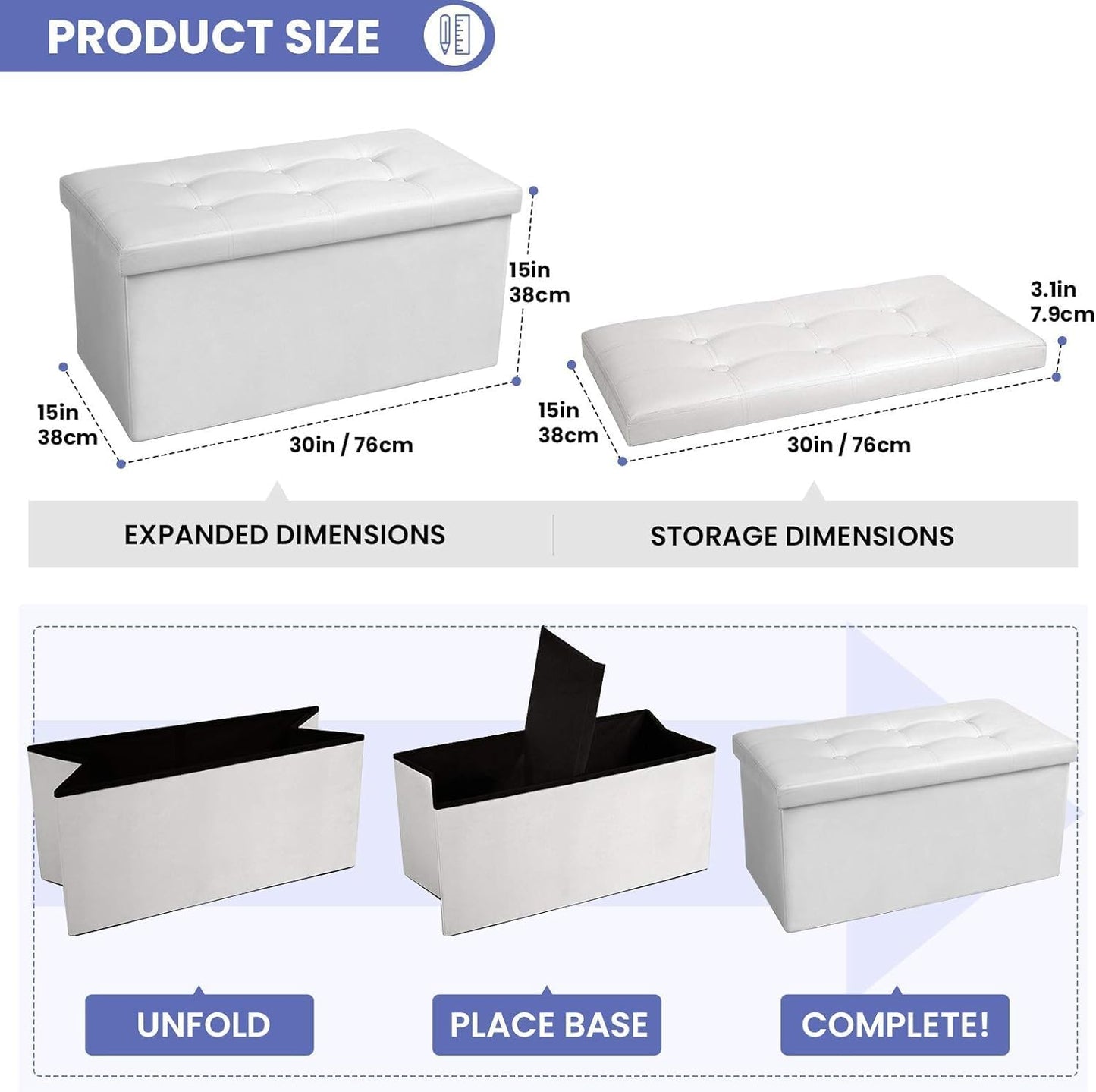 COSYLAND Ottoman Bench with Storage - 30x15x15in Folding Leather Ottoman, Rectangle Foot Stool Foldable Storage Chest Footrest Footstool Collapsible with Lid for Bedroom Living Room White