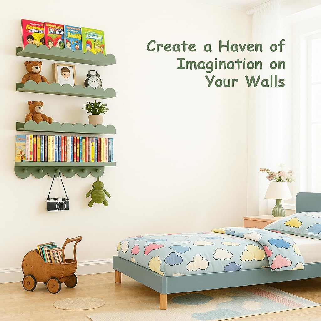 OurWarm Floating Book Shelves for Wall, 16 Inch Nursery Book Shelves Wall Shelves for Kids Room Set of 4, Wood Scalloped Bookshelf for Nursery Kids Bedroom Restroom Kitchen Living Room Decor