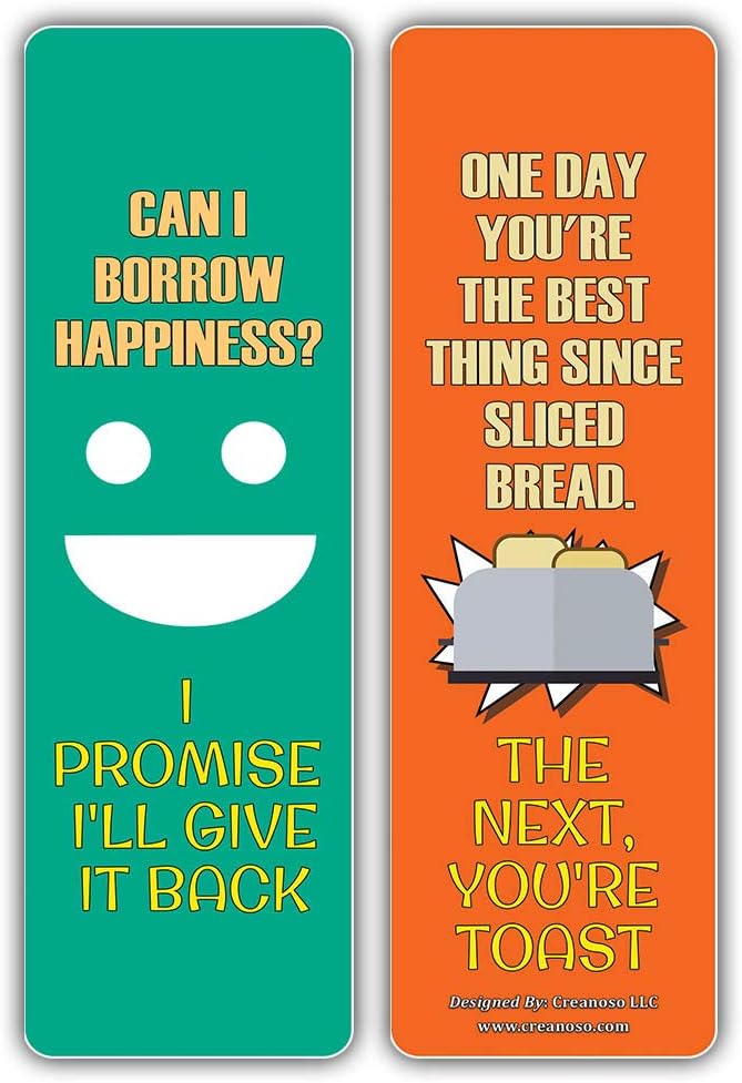 Creanoso Funny One Liners Jokes Happiness Bookmarks Series 3 (12-Pack) – Unique Stocking Stuffers Gifts for Men, Women, Unisex Adults – Cool Book Page Clippers Collection Set – Awesome Giveaways