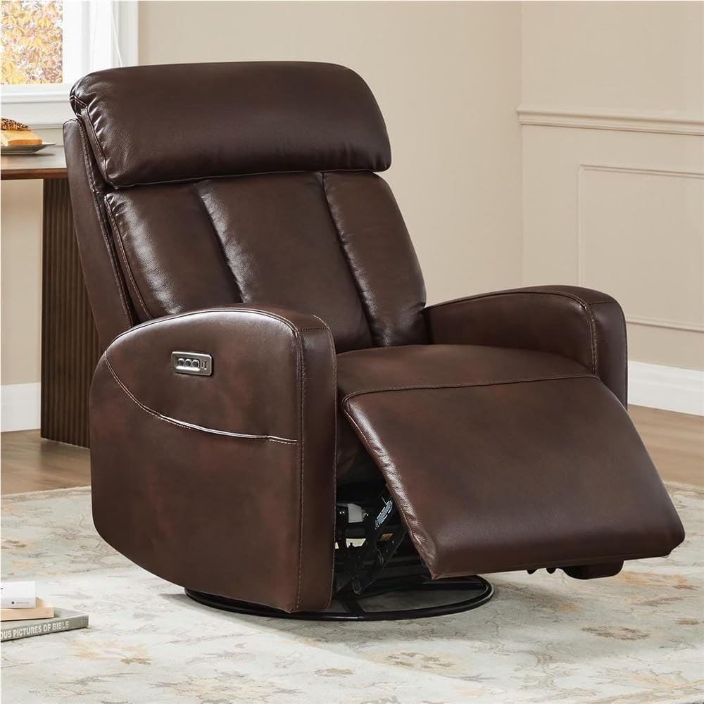 Electric Swivel Recliner Chair with 270 Degree Rotation Adjustable Headrest Lumbar Support Brown Leather Upholstered Nursery Rocking Reclining Sofa for Living Room
