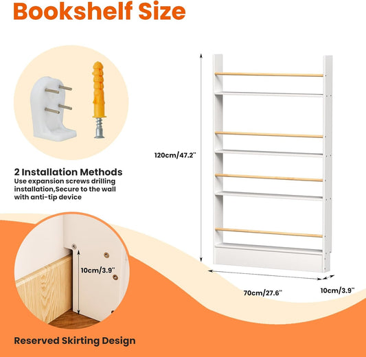 Wall Bookshelf for Kids, Behind The Door Bookshelf White Slim 4 Tier Shelf Hanging Wall Mounted Book Shelf, Kids Bookcase Storage Organizer for Office, Bedroom, Study Living Room
