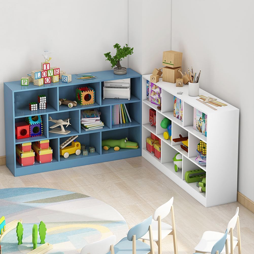 IOTXY Open Shelf Low Bookcase - Wooden 3-Tier Floor Standing Display Cabinet Organizer with Base, 8 Cubes Short Horizontal Bookshelf in Warm White