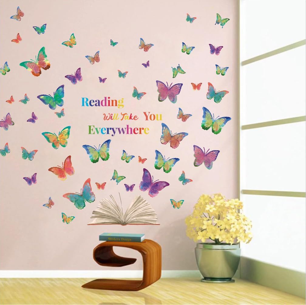 OLMIXA Colorful Butterfly Reading Book Wall Decal, Reading Will Take You Everywhere Inspirational Quote Stickers, Vinyl Butterfly Book Wall Art for Classroom Library Playroom Decor