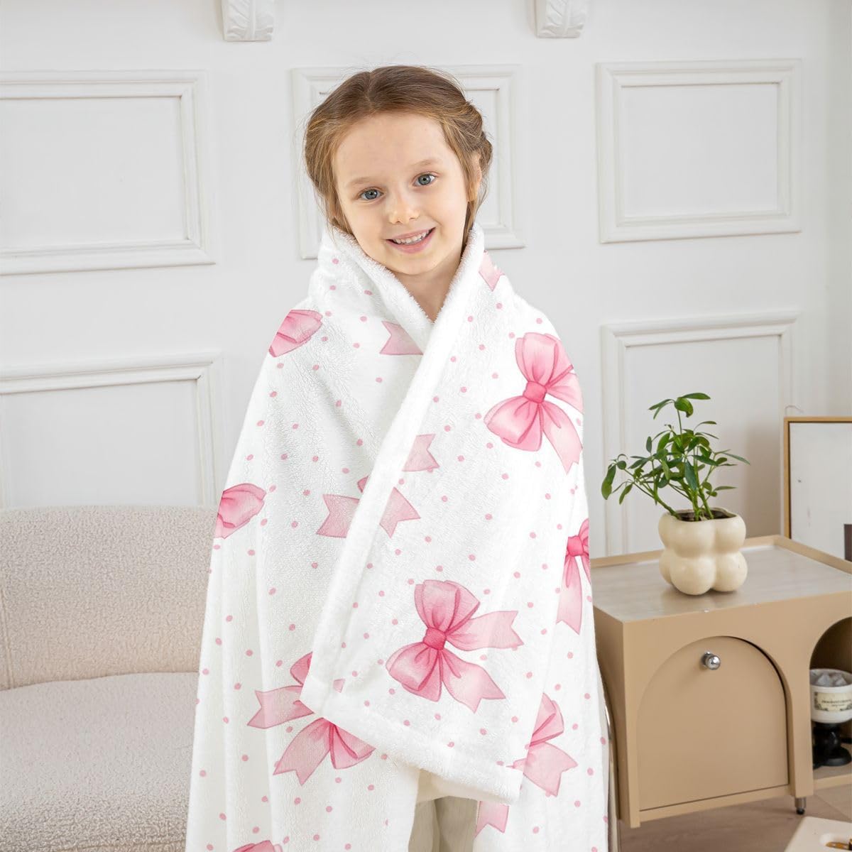 Feelyou Cute Bow Sherpa Throw Blanket for Couch Bowknot Pink Super Soft Cozy Fleece Polka Dots Blanket for Winter, Plush Throw Baby 30"x40" All Season
