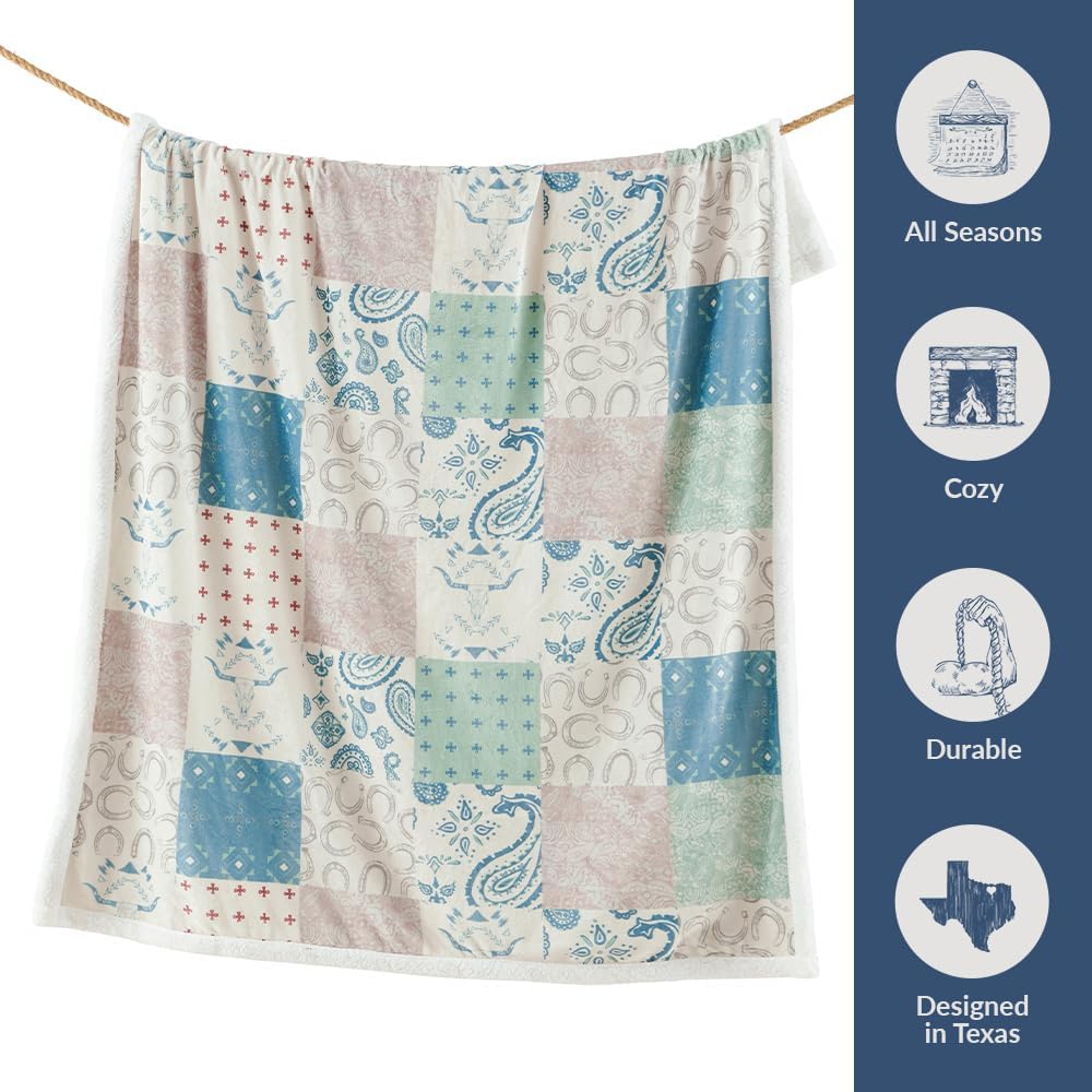 Indigo Hill by HiEnd Accents Patchwork Paisley Sherpa Throw Blanket, Bandana Longhorn Horseshoe Western Throw Fleece Blanket, Sherpa Plush Throw, Soft Blankets for Couch Sofa Bed, 54x68 inch