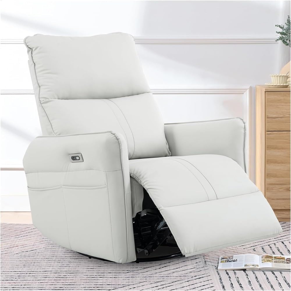 Power Swivel Rocker Recliner Chair with Charging Port, Overstuffed Leather Electric Recliner Chair for Adults, Comfortable Reclining Sofa Chair for Living Room