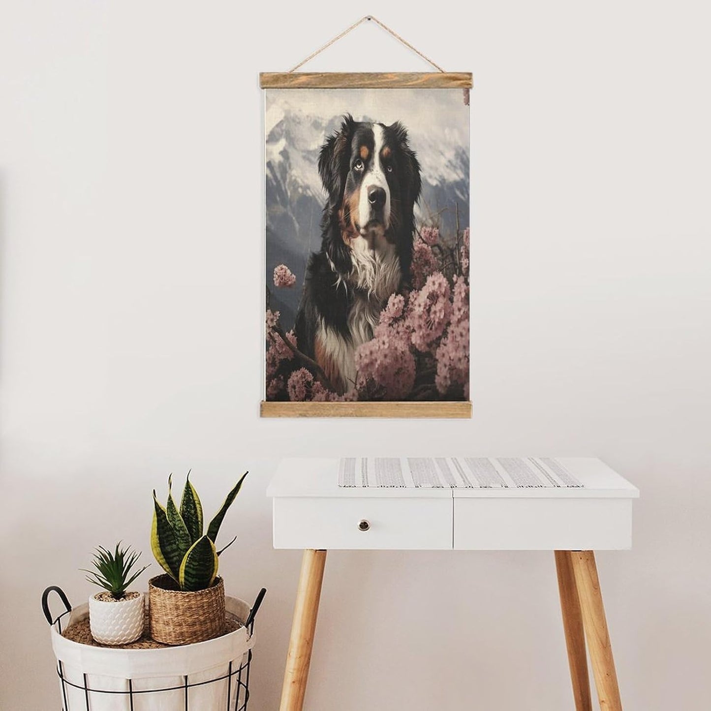 Vintage Bernese Mountain Dog Poster with Wooden Frame Personalized Linen Hanging Scroll Painting Rustic Wall Hanging Illustrative Modern Artwork Decor for Home Living Room Bedroom Office