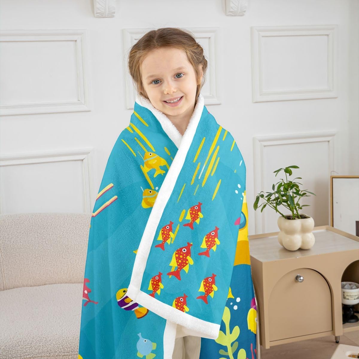 Feelyou Submarine Sherpa Blanket Cartoon Yellow Submarine Fleece Throw Blanket for Kids Boys Girls Underwater World Decor Cute Sealife for Sofa Bed Couch,Throw 50x60 Inches