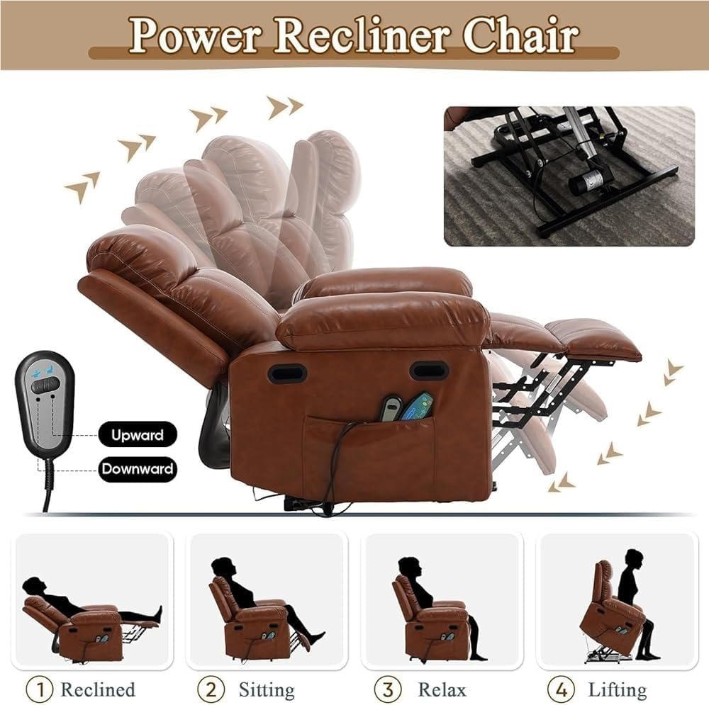 Electric Recliner Sofa Chair for Adults Lift Recliner Chair with Heat and Massage Genuine Leather Lay Flat Recliner Sofas for Living Room Home Theater
