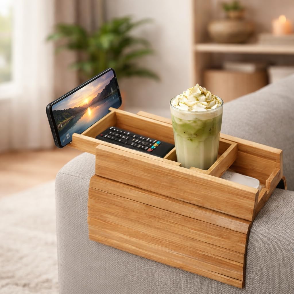 Bamboo Couch Armrest Table, 2-in-1 Foldable, Anti-Slip Sofa Arm Tray Includes a Detachable Cup Holder, Making it Ideal for Holding Remote Controls, Phones, Cups, and Snacks