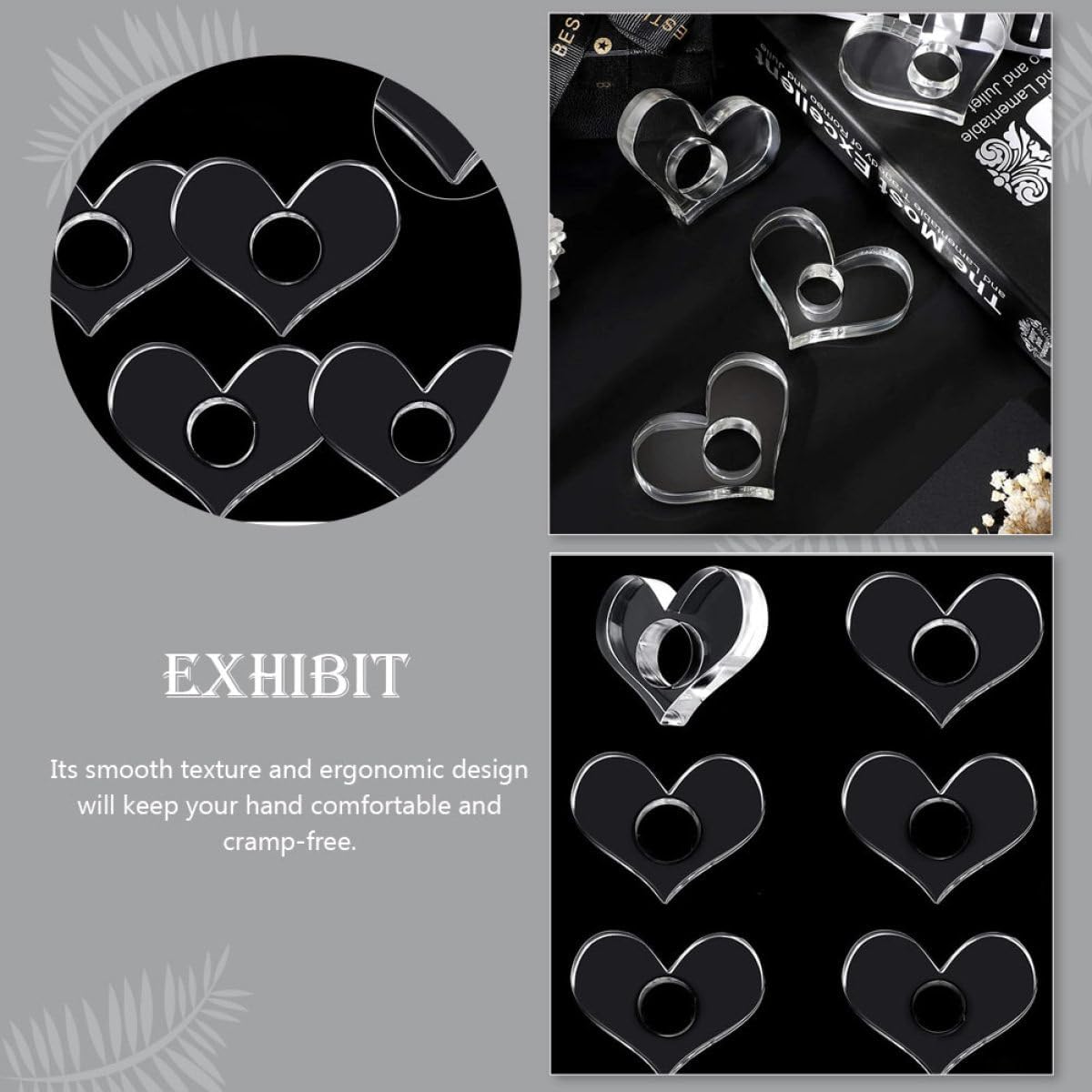 PRETYZOOM Acrylic Thumb Book Support Set 4pcs (mini 1.8cm, Small 2.0cm, Medium 2.2cm, Large 2.4cm) Heart-Shaped Finger Ring Bookmarkers for Home Reading Accessories
