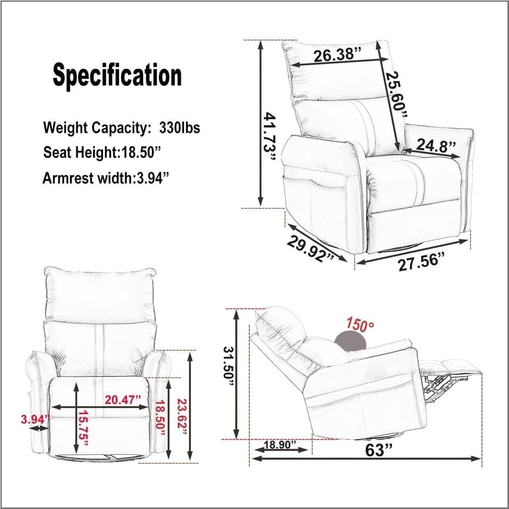 Oversized Power Swivel Glider Rocker Recliner, Electric Nursery Glider Chair with USB Ports, Modern Leather Home Theater Seating for Living Room, Comfort Lazy Sofa