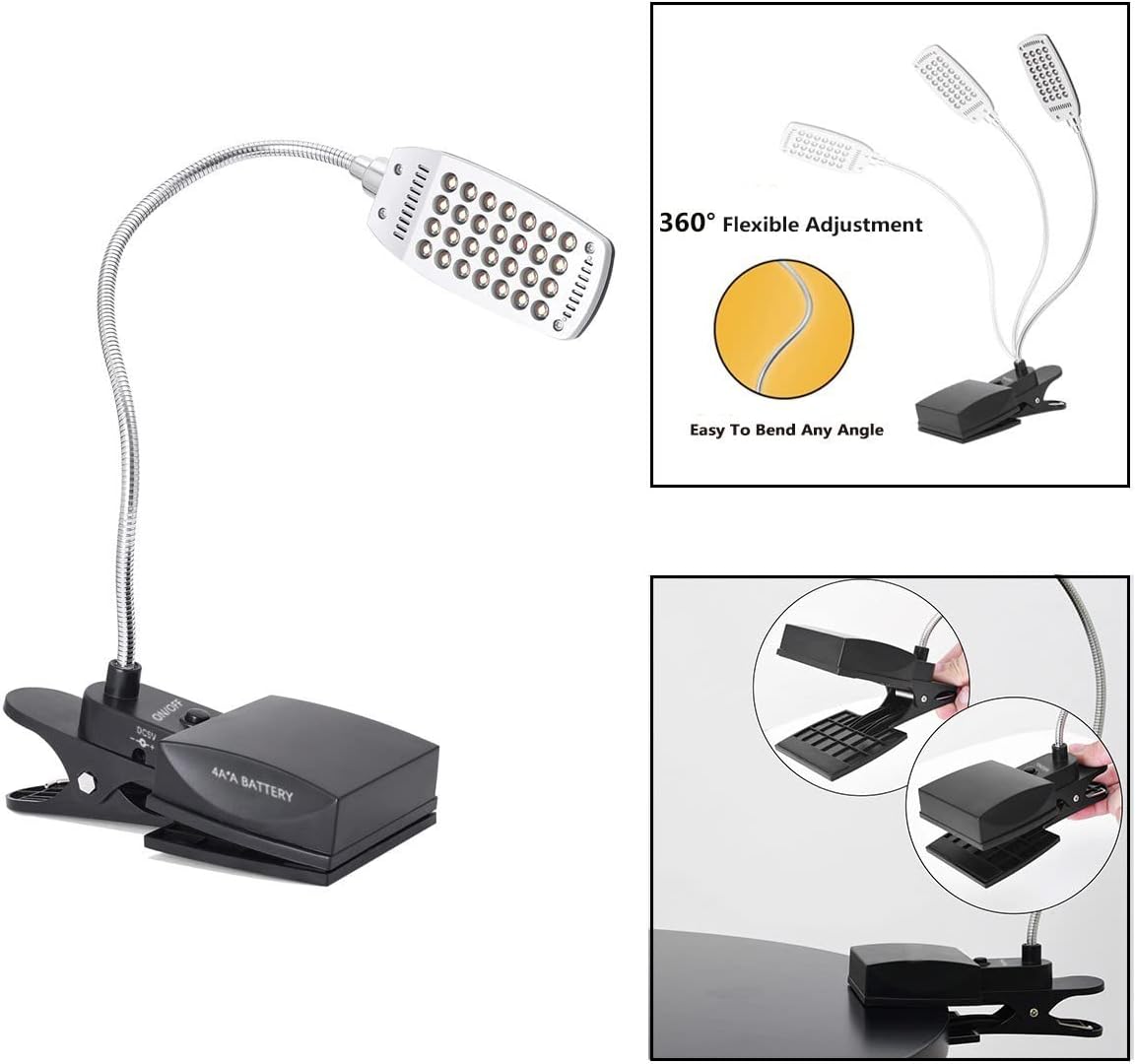 RicoRich Book Light for Reading in Bed,Clip on LED Book Lights, USB/DC and AA Battery Operated Portable Desk Lamp,3 Brightness Levels for Bookworms,Kids,Piano Player,Camping,Travel (Black)