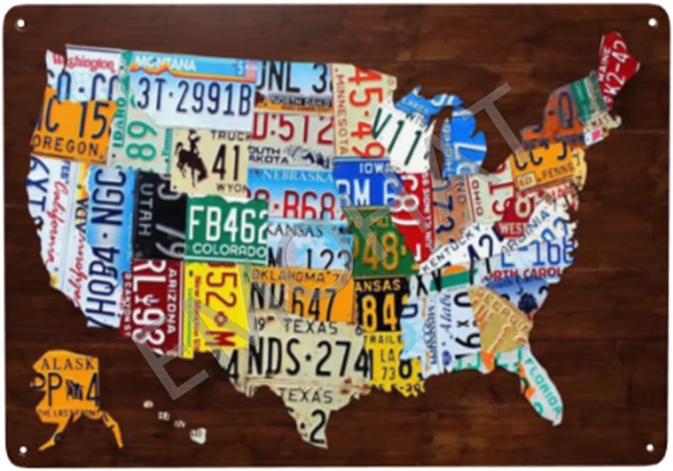 EMOHAT License Plate Map of the United States USA Metal Sign Home Living Room Porch Decor Gifts Wall Decor Tin Sign Shed Office Craft Room Living Room 12x8 inch