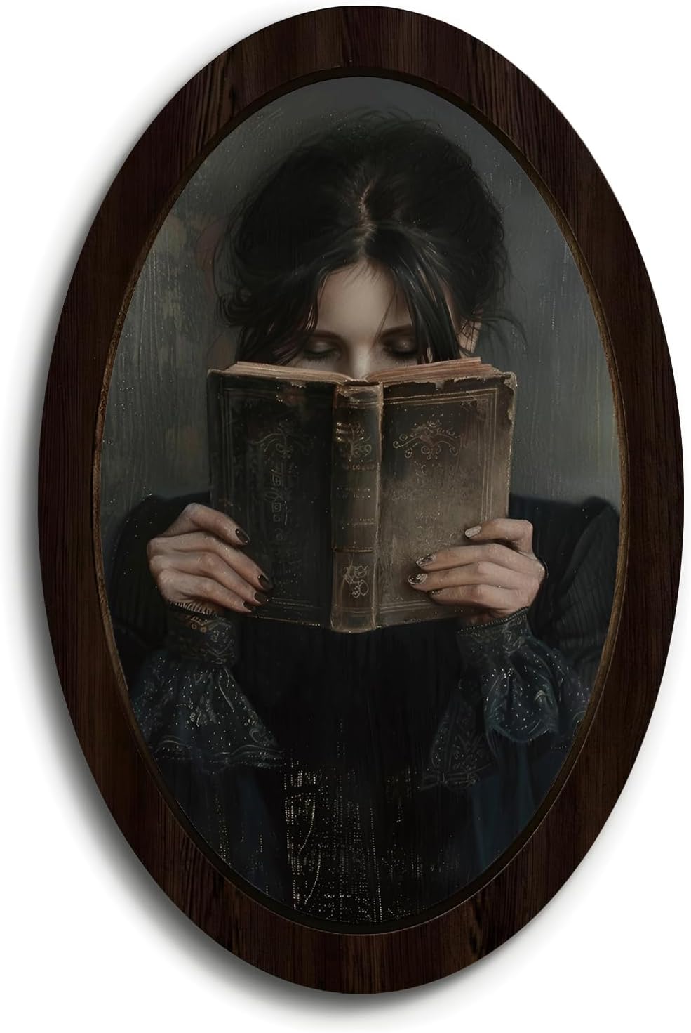 KDHTY Vintage Dark Academia Canvas Oval Wall Art Gothic Victorian Woman Reading Book Poster,Aesthetic Dark Moody Girl Painting Picture Wall Decor for Library Corner Bedroom Dorm Living Room,15.7x10.2