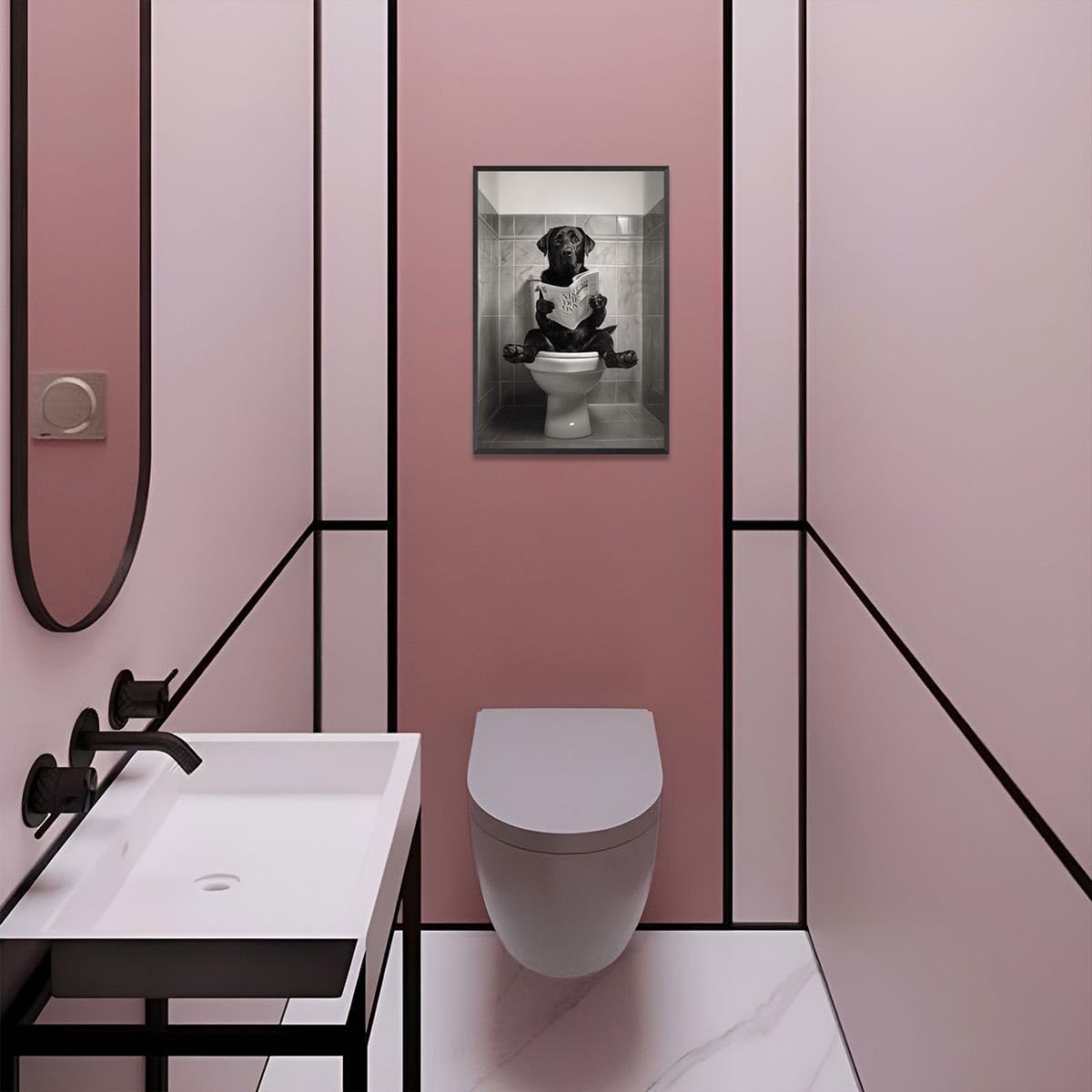 Beshdomp Vintage Black Labrador Retriever Reading On Toilet Newspaper Posters Black And White Canvas Wall Art Funny Animals Aesthetic Prints Painting For Home Bedroom Dorm Wall Decor 8x10in Framed