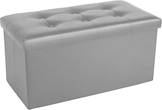 COSYLAND Ottoman Bench with Storage 30x15x15 inches Grey Ottoman for Room Folding Leather Ottoman Footrest Footstool Rectangle Collapsible Furniture with Lid for Bedroom Living Room