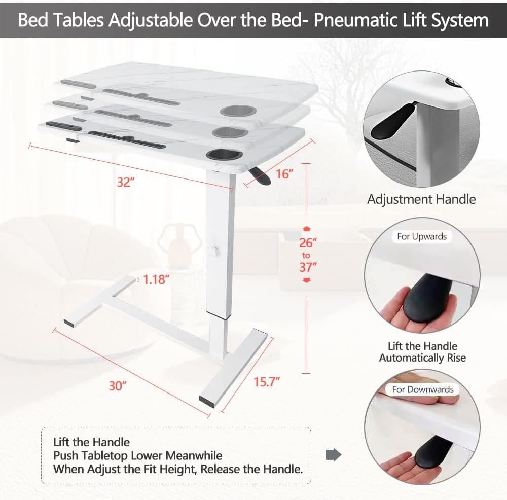 Overbed Table,Hospital Bed Table,Pneumatic Bedside Table Adjustable Over The Bed with Hidden Wheels&USB,Mobile Laptop Cart&Rolling Tray Table Hospital Home Use-White1