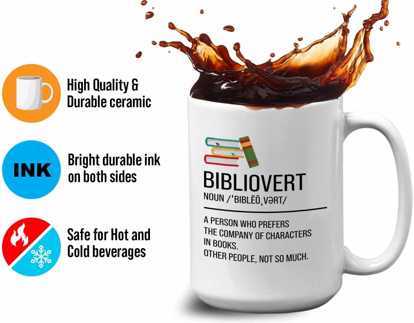Bubble Hugs Book lovers Coffee Mug 15oz White - Bibliovert Definition - Author Writer Book Library Editor Introvert Lovers Cat Chill Relax Bookworm Reading