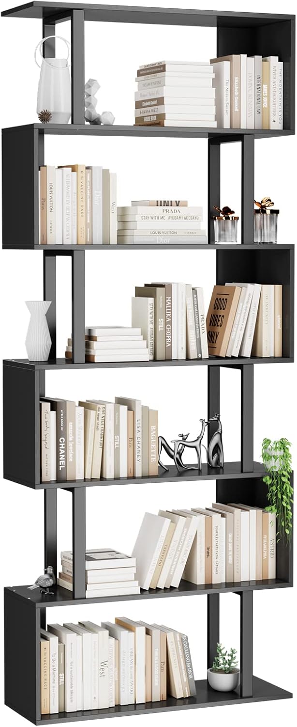 Gadroad 6 Tier Geometric Bookcase, Black Book Shelves, Modern Corner Bookcase Storage Shelf Wood for Bedroom, Living Room, Home Office, Black