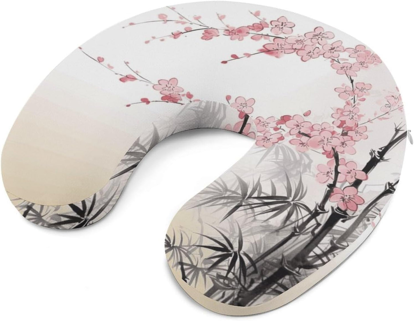 Bamboo and Cherry Blossoms Tree Zen Neck Pillow Memory Foam U Shaped Pillows Portable Pillows for Shoulder Travel Head Support Pillow with Concealed Zipper for Airplane Car Home Office