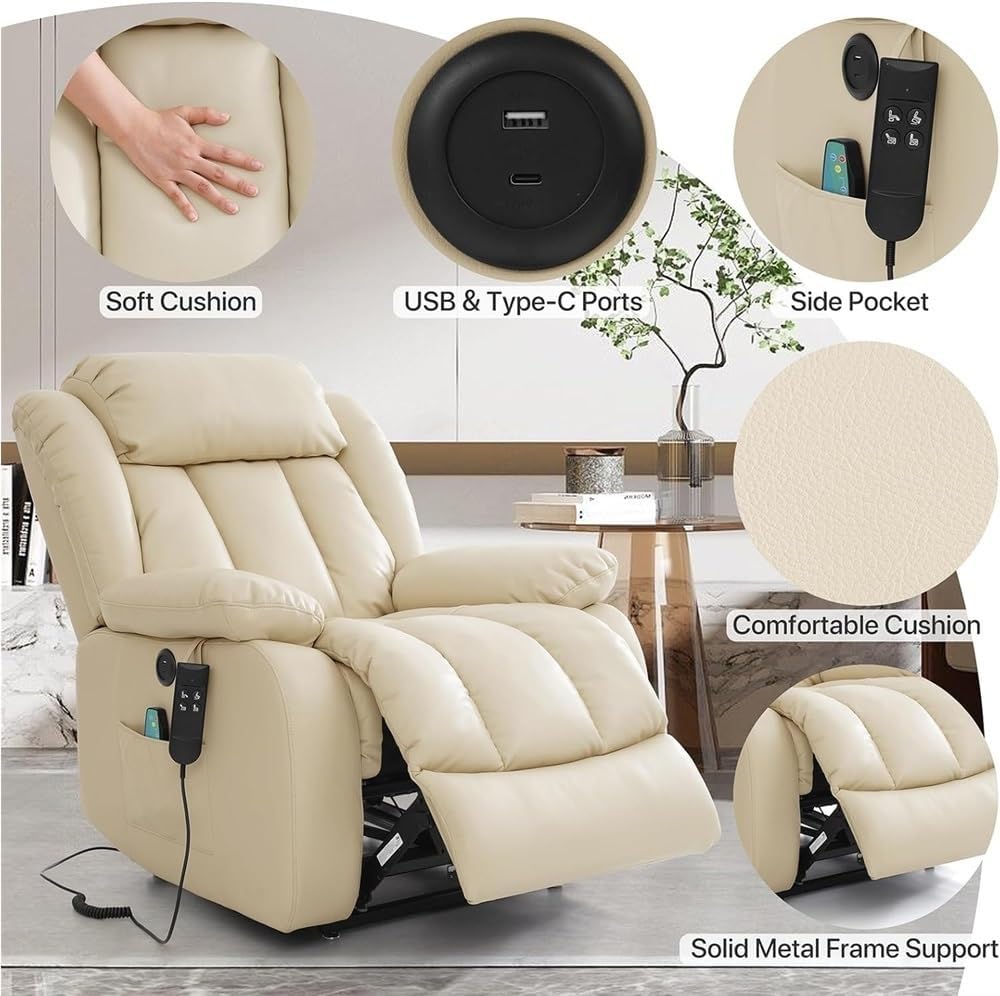 Dual Motor Power Lift Recliner Chair for Elderly with Heat Massage Breathable Leather Adjustable Infinite Position Electric Lounge Chair Oversized Comfortable Mobility Sofa