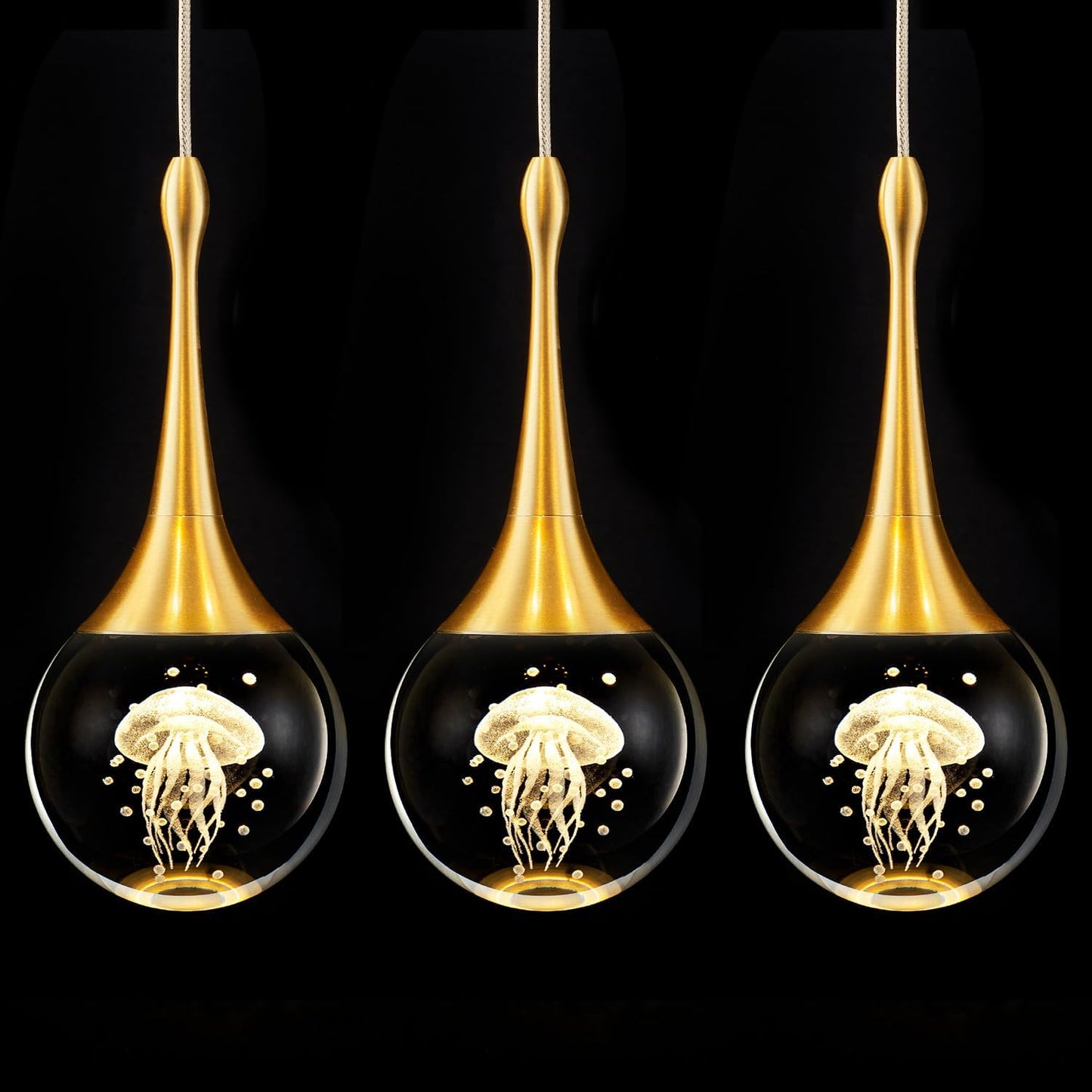 CHYING LED Kitchen Island Pendant Lights 3 Pack Gold Teardrop Pendant Light Bathroom Ceiling Hanging Light Globe Jellyfish Pendant Lighting for Living Room Dining Room Bar 3000K Warm White