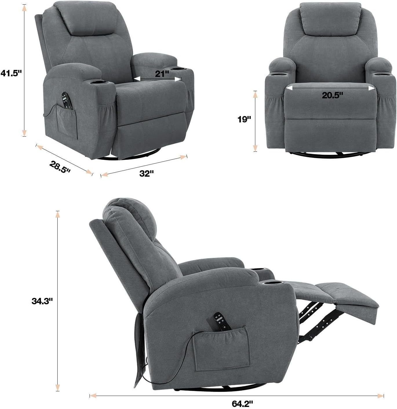 Rocking Recliners Chairs with Massage Classic Swivel Ergonomic Lounge Chair Sofa with 2 Cup Holders Side Pockets for Living Room Home Theater Seat(Gray)