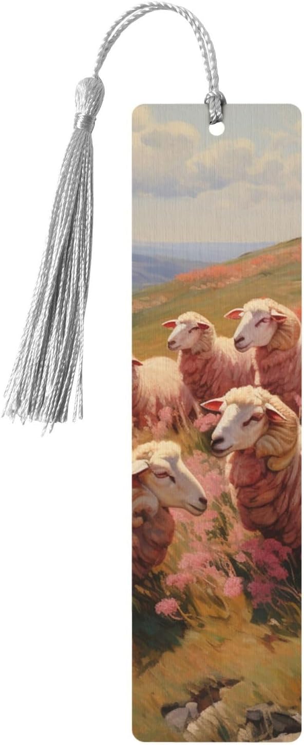 Sheep are Grazing Bookmarks Gifts for Women Men, Wooden Bookmarks for Book Lovers, Vintage Book Marks Ornaments with Tassel, Unique Personalized Reading Page Markers Gray