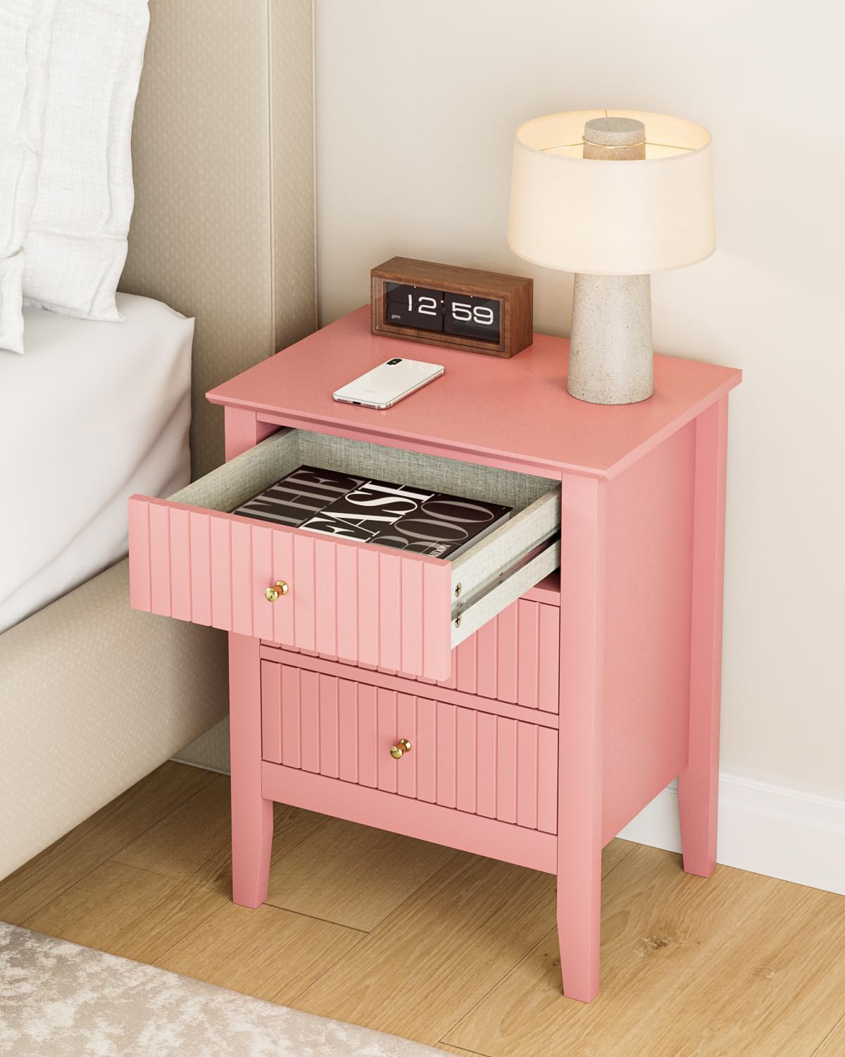 Fluted Nightstand, Farmhouse Night Stand with 3 Drawers, Mid Century Modern Side Accent Table,Bedside End Table for Bedroom, Living Room, Pink