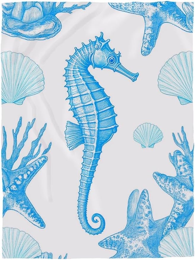 Mugod Sea Life Throw Blanket Seahorse Starfish Coral Sprigs and Seashell Marine Seamless Pattern Decorative Soft Warm Cozy Flannel Plush Throws Blankets for Baby Toddler Dog Cat 30 X 40 Inch