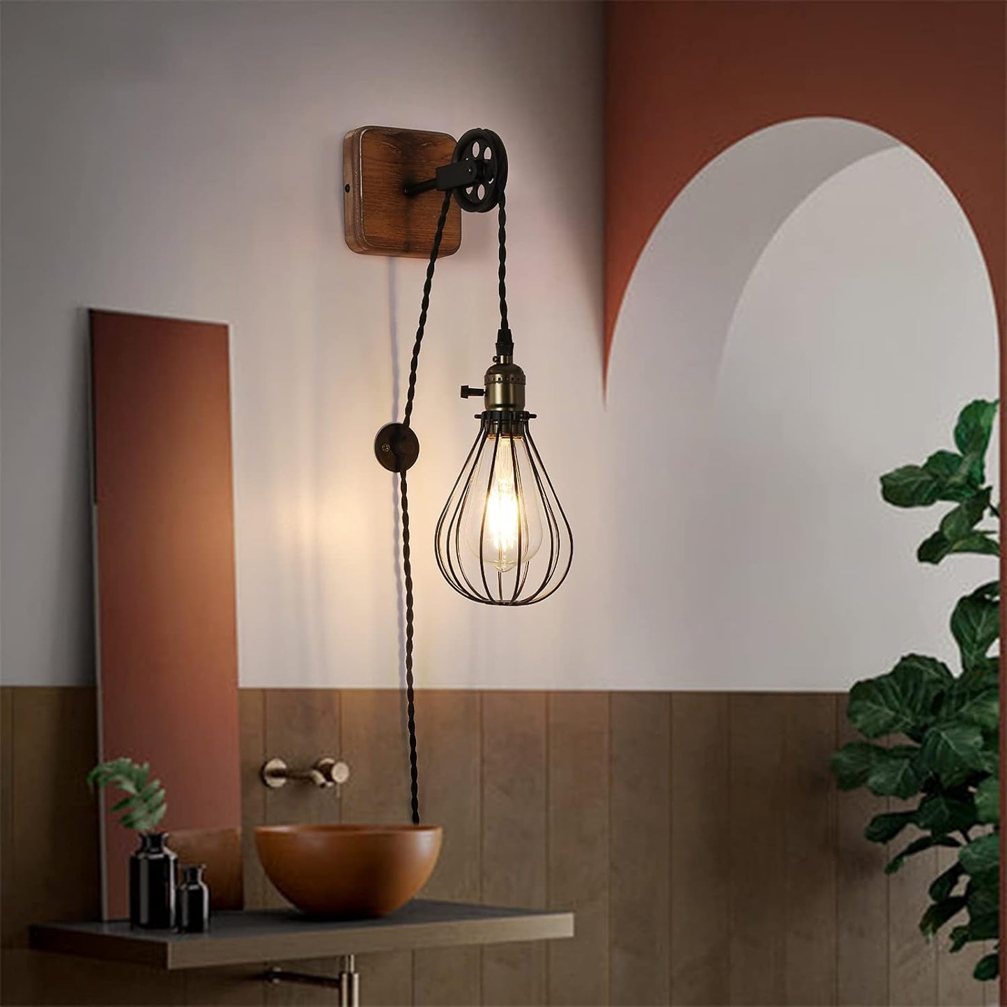 Industrial Wire Cage Plug in Wall Sconces, Black Rustic Hanging Wall Light Fixture Lift Pipe Pulley with Wood Base, On Off Toggle Switch Pendant Lamp Decoration for Reading Living Room Bedroom