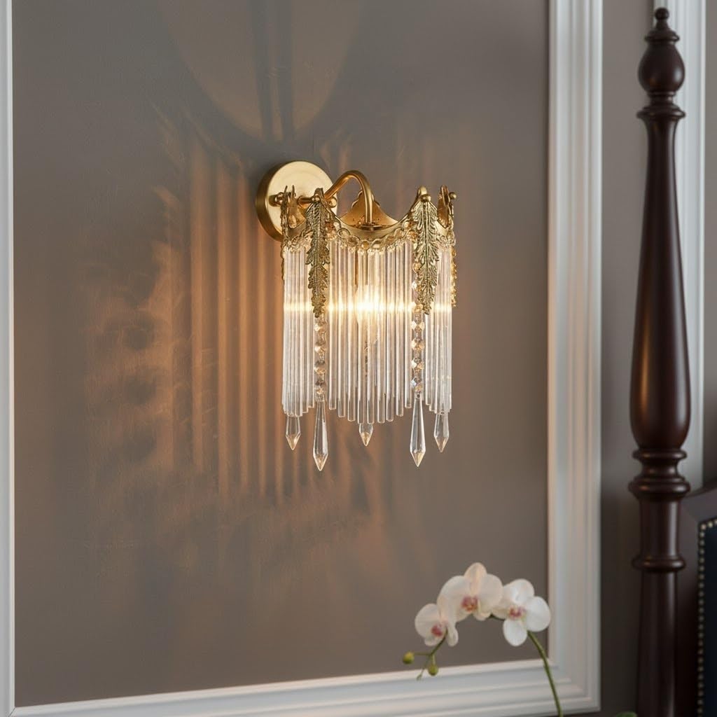 Bedside Wall Lamp, Crystal Wall Sconce, Gold Brass Wall Light with Cascading Crystals for Bedroom, Living Room, Hallway, Entryway, Hotel, Villa, European Style, Guest Suite Surface