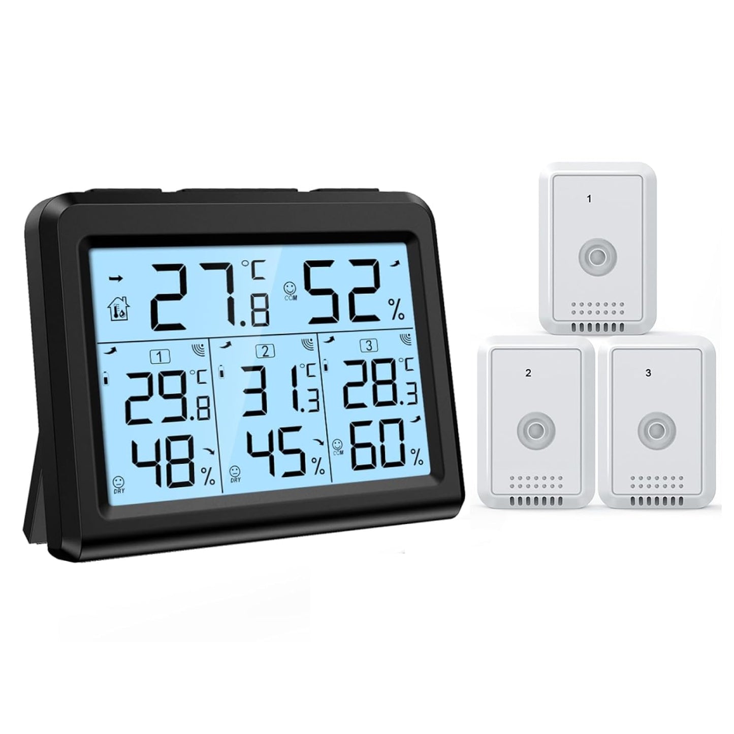 LOFICOPER Digital Thermometer Hygrometer, Indoor Outdoor Temperature Gauge, Digital Temperature Humidity Meter with 3 Sensors, MAX/MIN Data, Comfort/Trend Indicator for Home, Office, Greenhouse