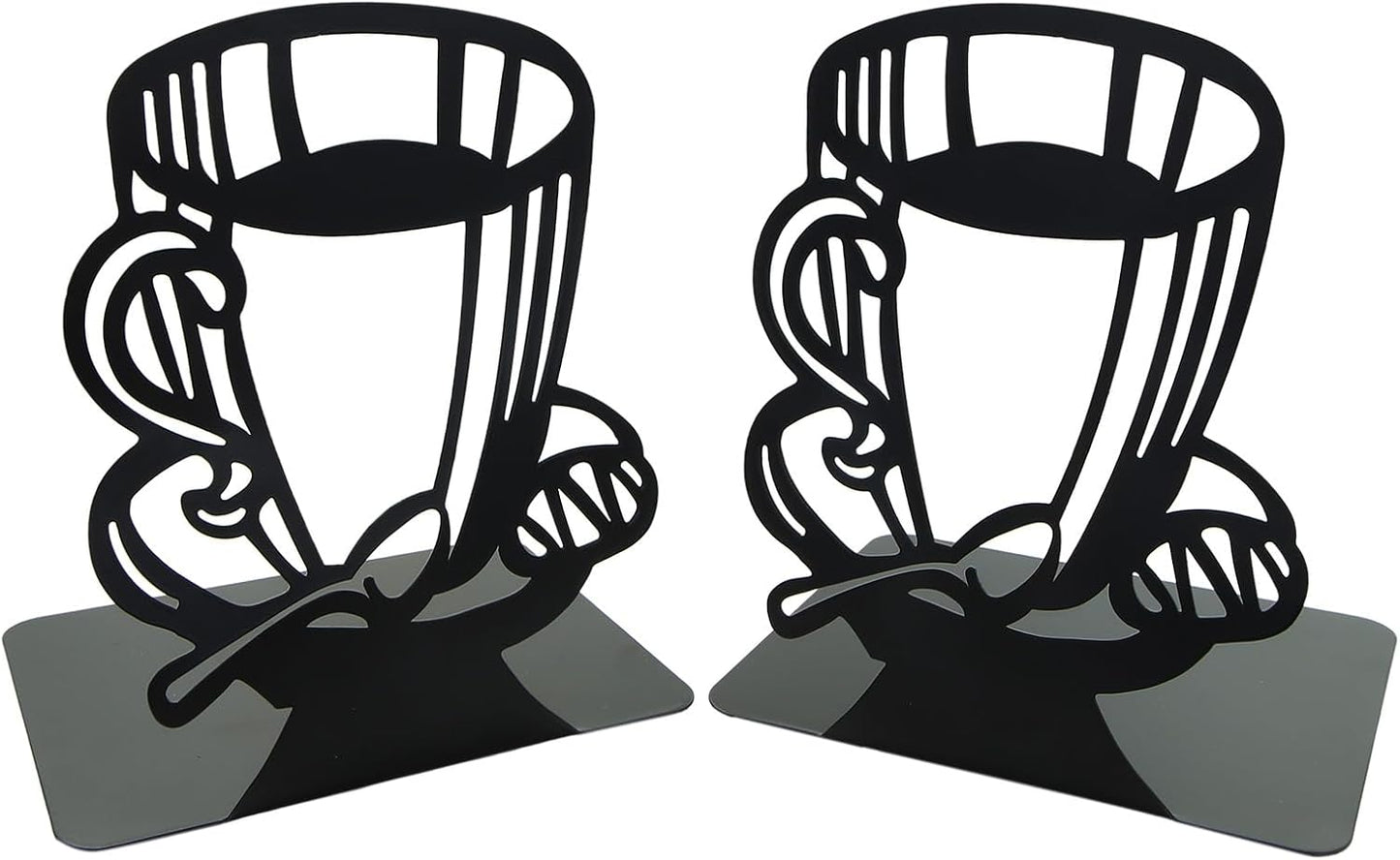 Creative Coffee Pattern Bookends Black Metal Book Ends Shelves Organizer Book Stands Journal Book Holder Reading Room Decorative Bookends for Office Home School Women Man Gift