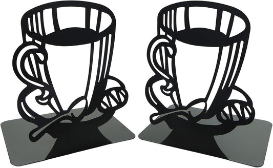 Creative Coffee Pattern Bookends Black Metal Book Ends Shelves Organizer Book Stands Journal Book Holder Reading Room Decorative Bookends for Office Home School Women Man Gift
