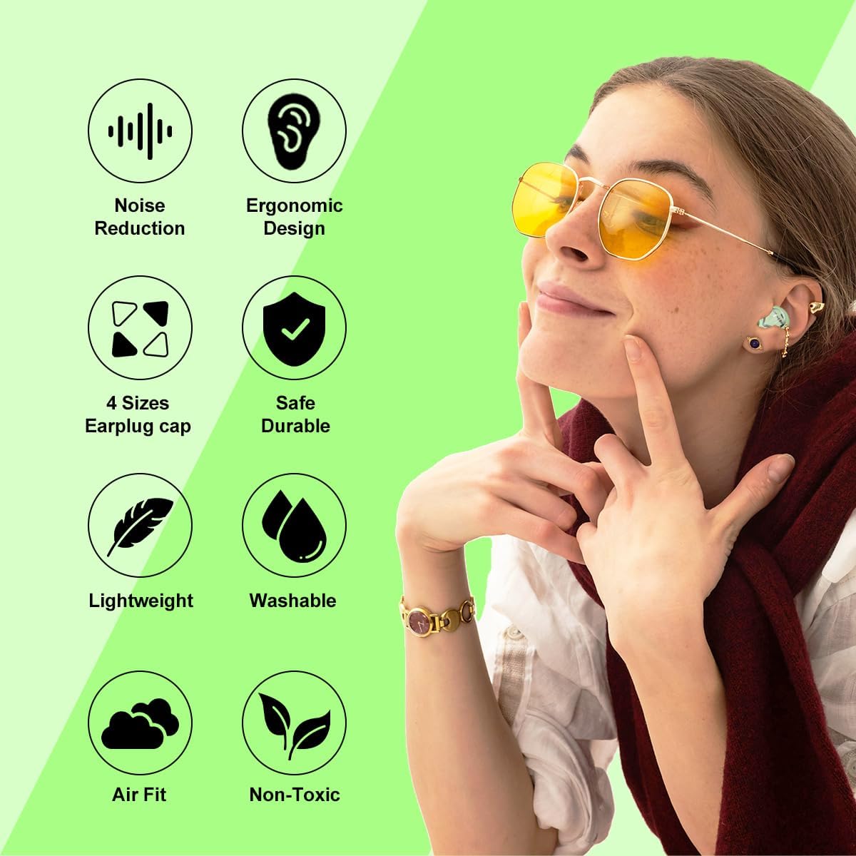 Ear Plugs for Sleeping Ultra-Soft Silicone Earplugs for Noise Cancelling Concerts Reusable Noise Reduction Earbuds for Travel Focus Work 33dB Hearing Protection with 9 Ear Tips & Case (Green)