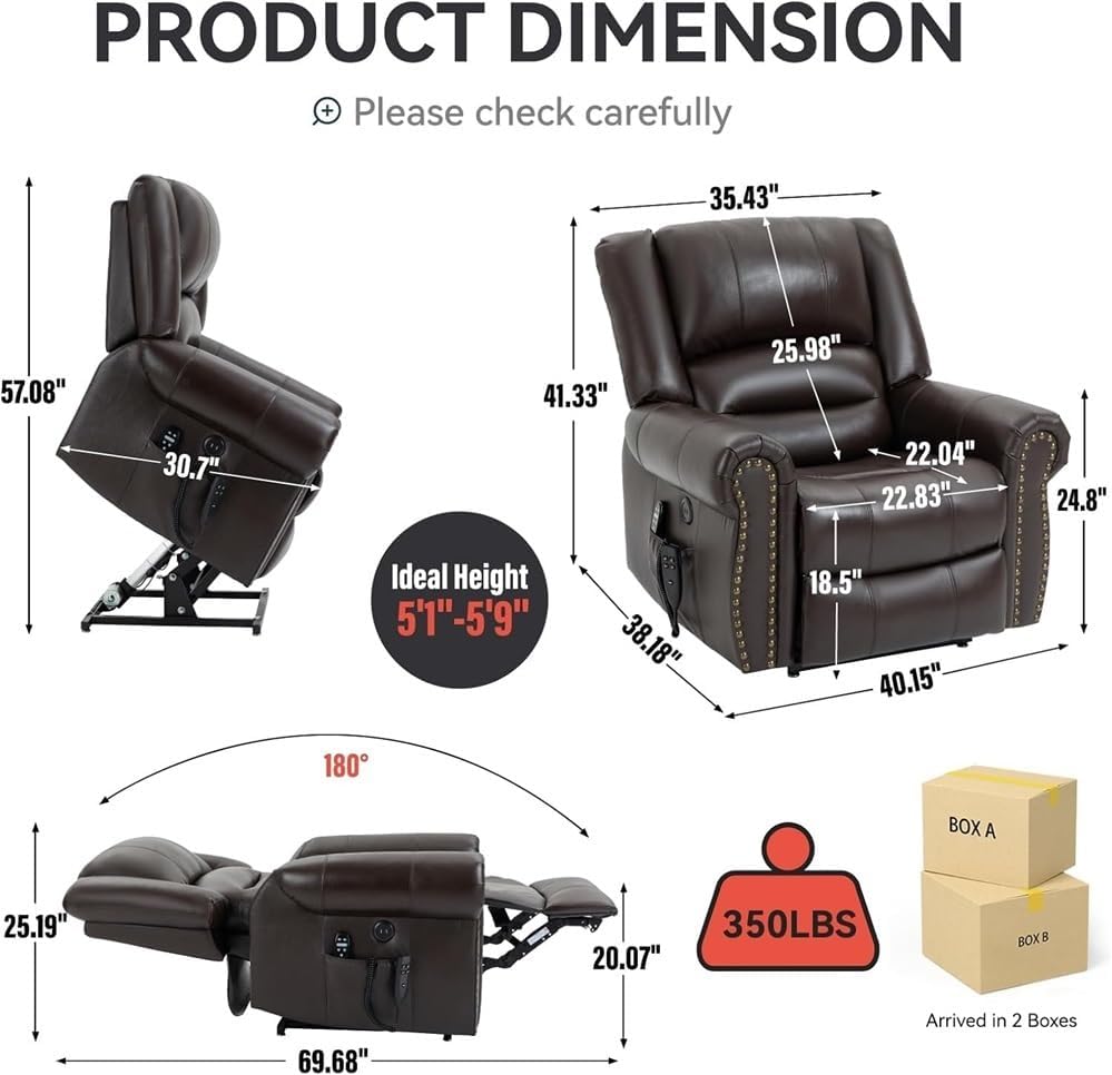 Dual Motor Power Lift Recliner Chair, Lay Flat Electric Recliner with Massage and Heat, Infinite Position Lift Chair, Leather Recliner Sofa with Remote Control, Brown