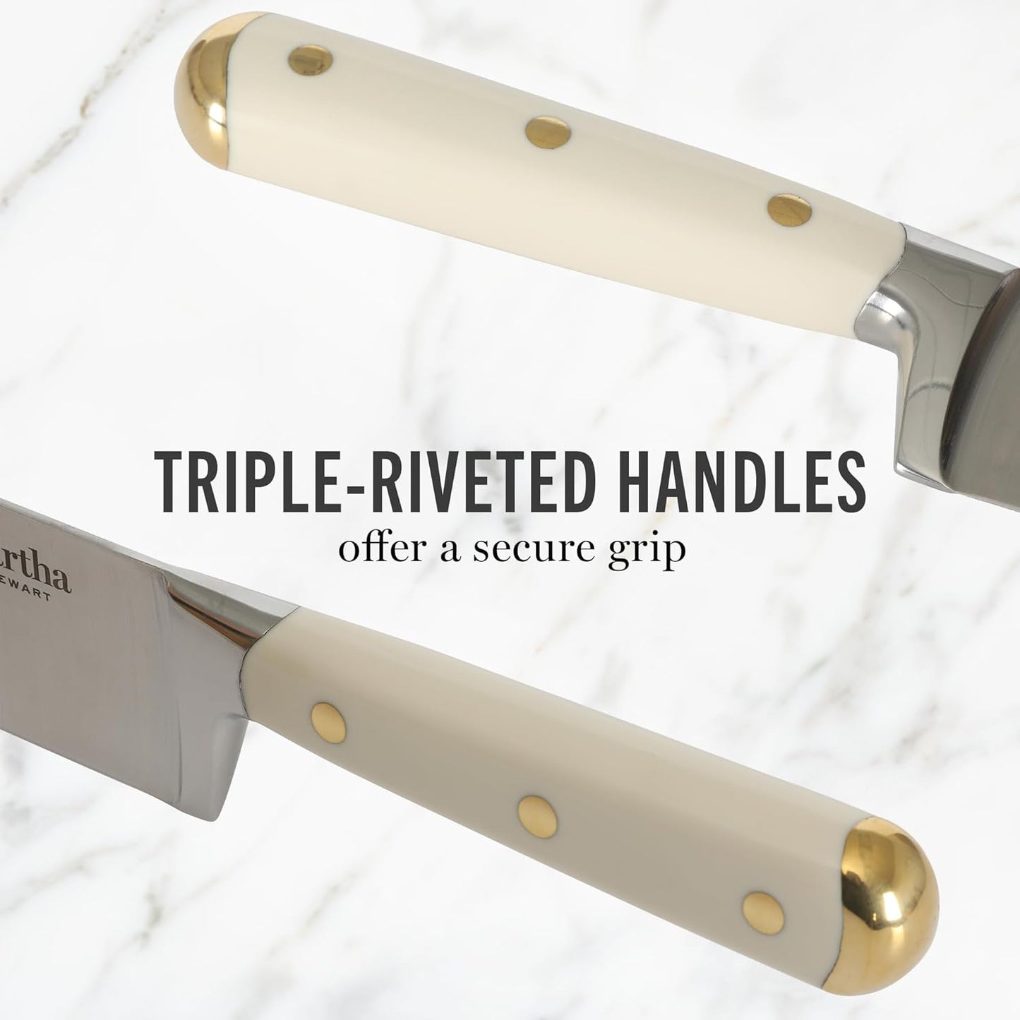 Martha Stewart 16 Piece Lockton High Carbon Stainless Steel Cutlery Kitchen Knife Block Set W/ABS Triple Riveted Forged Handle Acacia Wood Block - Linen White W/Gold