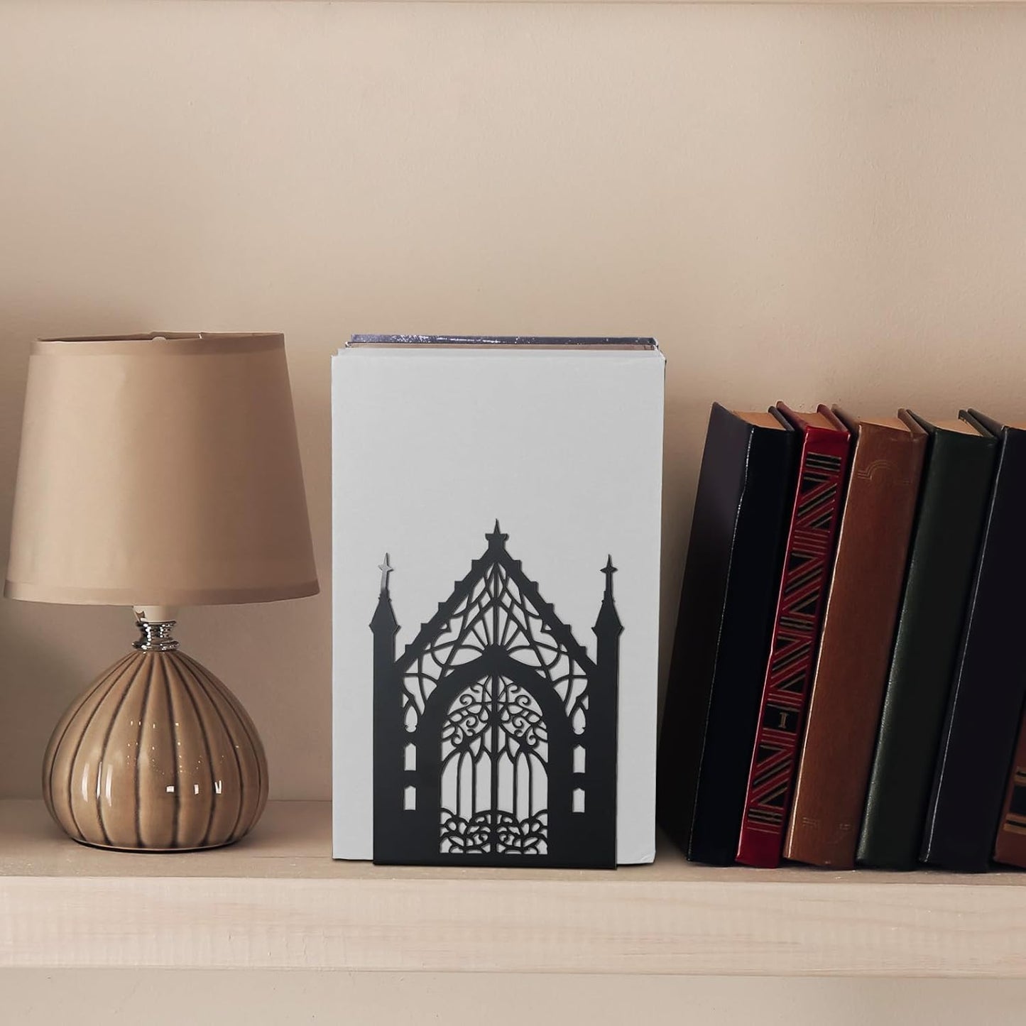 Shimeyao Gothic Metal Bookends for Shelves Decorative Black Metal Bookends Heavy Duty Black Gothic Themed Gifts Bookshelf 5.3"x4.3"x7.3" Heavy Bookshelves Holders for Office Desk Room Decor