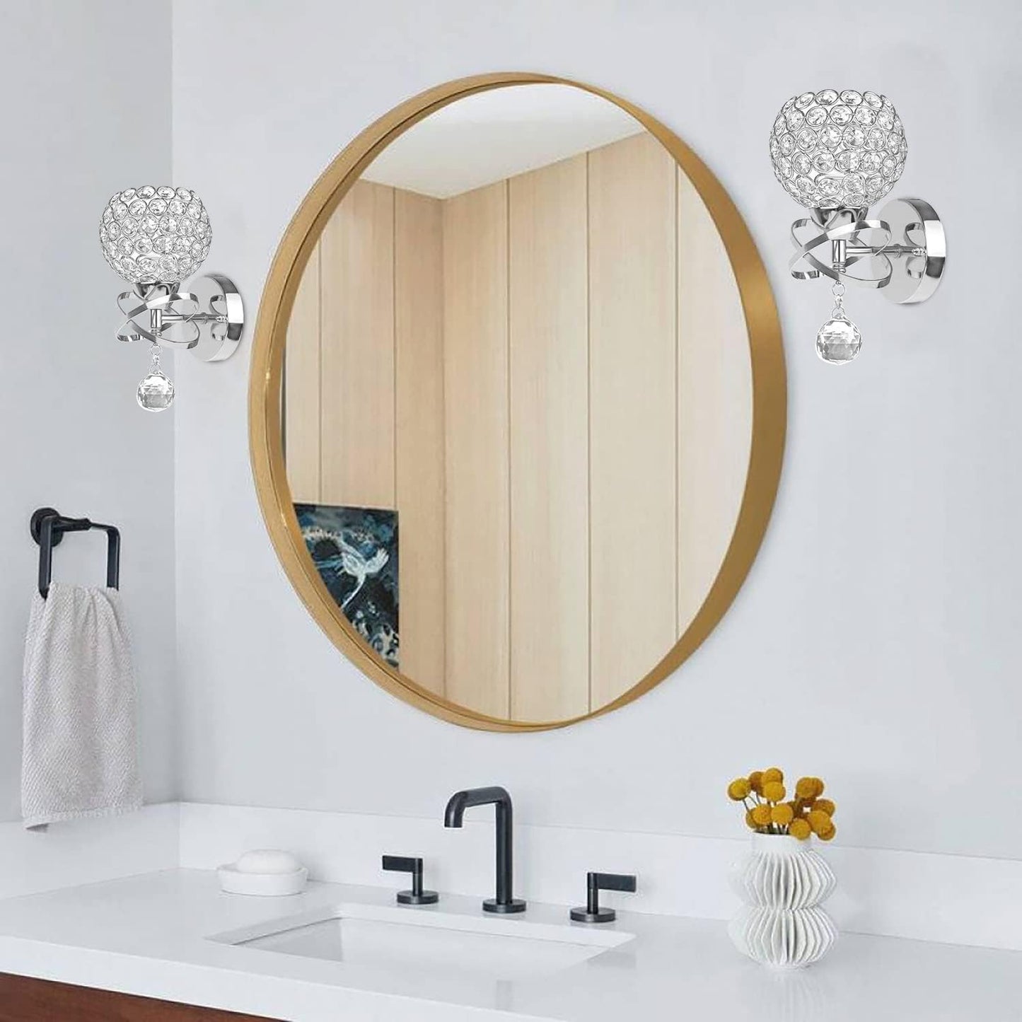 TISLYCO Silver Crystal Sconces - Modern Wall Lighting with Hanging Crystal Ball, Wall Mount Lamp for Bedroom, Living Room, Hallway