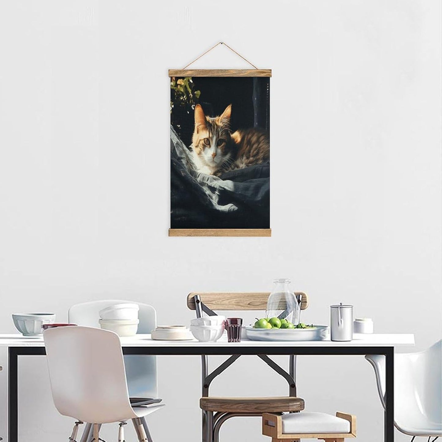 Vintage Resting Cat Poster with Wooden Frame Personalized Linen Hanging Scroll Painting Rustic Wall Hanging Illustrative Modern Artwork Decor for Home Living Room Bedroom Office