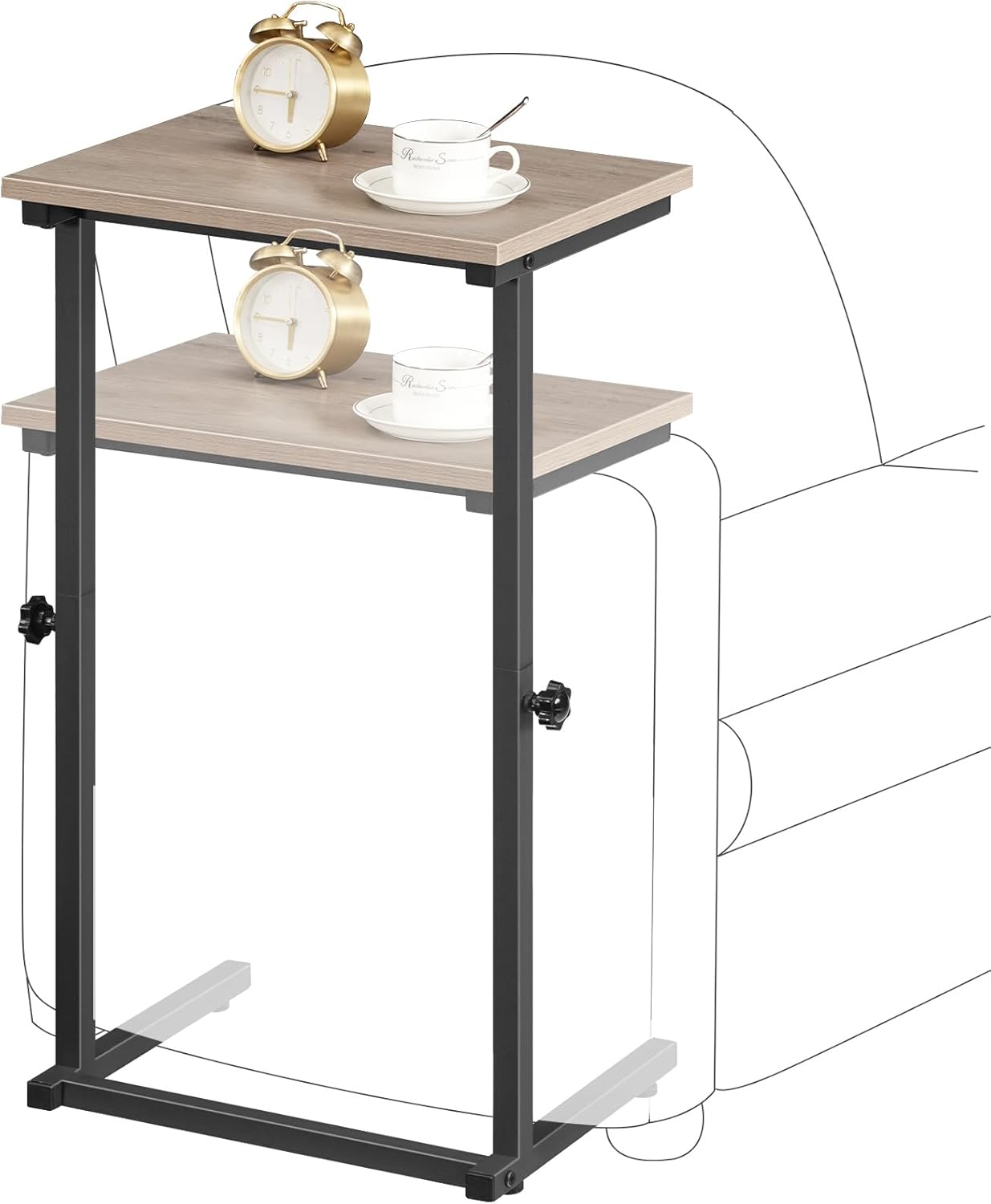 HOOBRO C Shaped End Table for Couch, Adjustable Height Side Table, Sofa Table for Small Spaces, Couch Table that Slide Under, for Living Room, Bedroom, Greige and Black BG71SF01