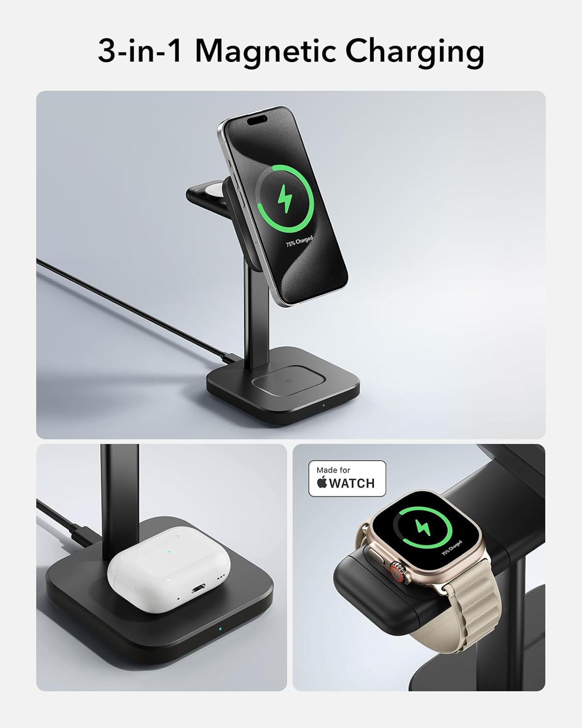 ESR 3 in 1 Wireless Charging Station for Apple[Certified] Portable Apple Watch Charger & MagSafe Charger Stand, Wireless Charger for Multiple Devices iPhone 17e/17/16/15/14/13/12&Watch&AirPods, Black