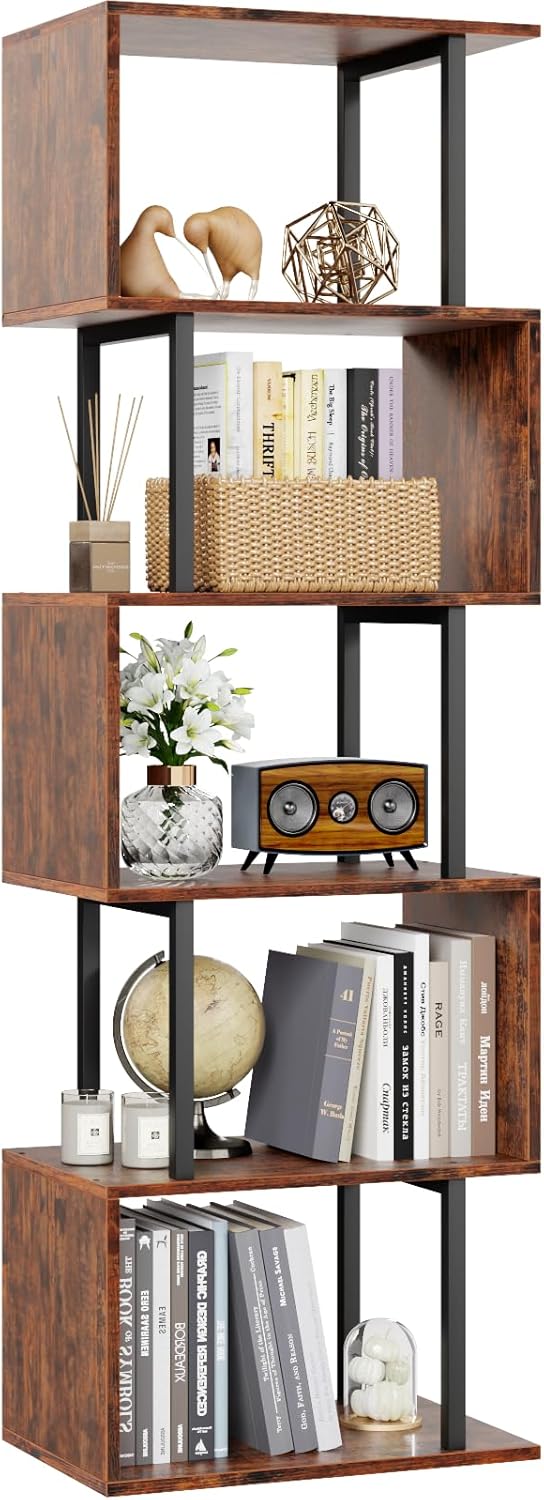 Furologee 6 Tier Bookshelf, Tall S Shaped Geometric Bookcase, Modern Display Shelf Standing Unit, Wood Metal Decorative Divider Rack for Living Room Bedroom Office, Rustic Brown | Tall, Bookcase, Display, Book Shelf, Decorative, Bookshelves