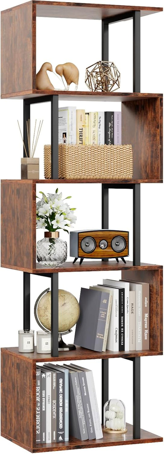 Furologee 6 Tier Bookshelf, Tall S Shaped Geometric Bookcase, Modern Display Shelf Standing Unit, Wood Metal Decorative Divider Rack for Living Room Bedroom Office, Rustic Brown | Tall, Bookcase, Display, Book Shelf, Decorative, Bookshelves