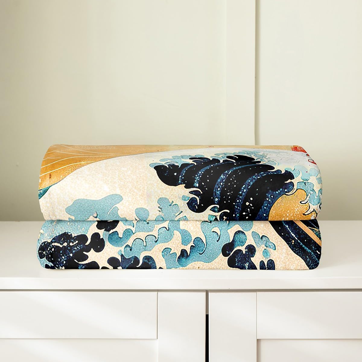 Feelyou Japanese Wave Flannel Fleece Throw Blanket Queen 90"x90" Cherry Blossoms Plush Blanket for Boys Girls Japanese Ukiyoe Home Decor Fuzzy Blanket Red Sun Japanese Style All Season Bed Blanket